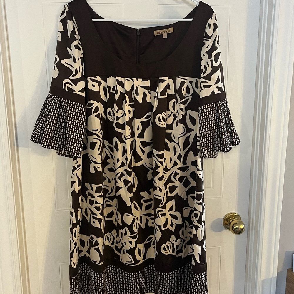 # 58-  French designer Cream and Brown Ruffled Graphic Bell Sleeve Midi Dress